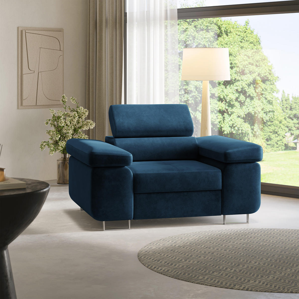 SESSEL CALVO Polstersessel Loungesessel ergonomisch, Blau - Blau, Holz/Metall (133/87/98cm) - MASSENO