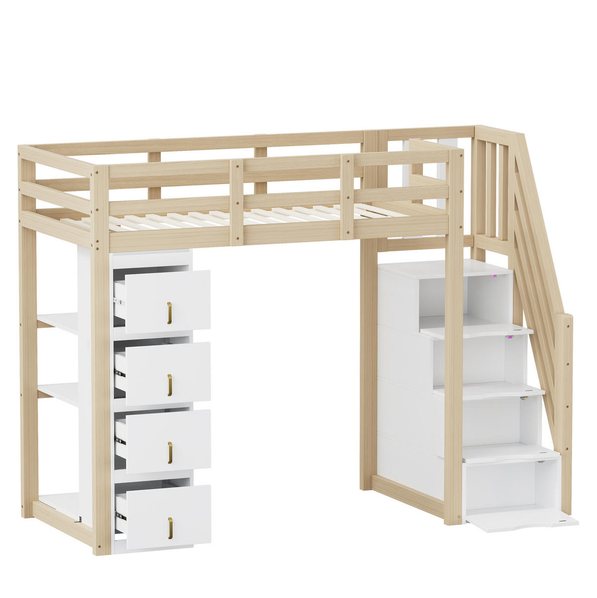 HOCHBETT 90/200 cm mit 4 Schubladen, 3-stufigem Regal und Sicherheitsleiter aus Holzwerkstoff, Natur Holzwerkstoff - Weiß, Holzwerkstoff (90/200cm) - Redom