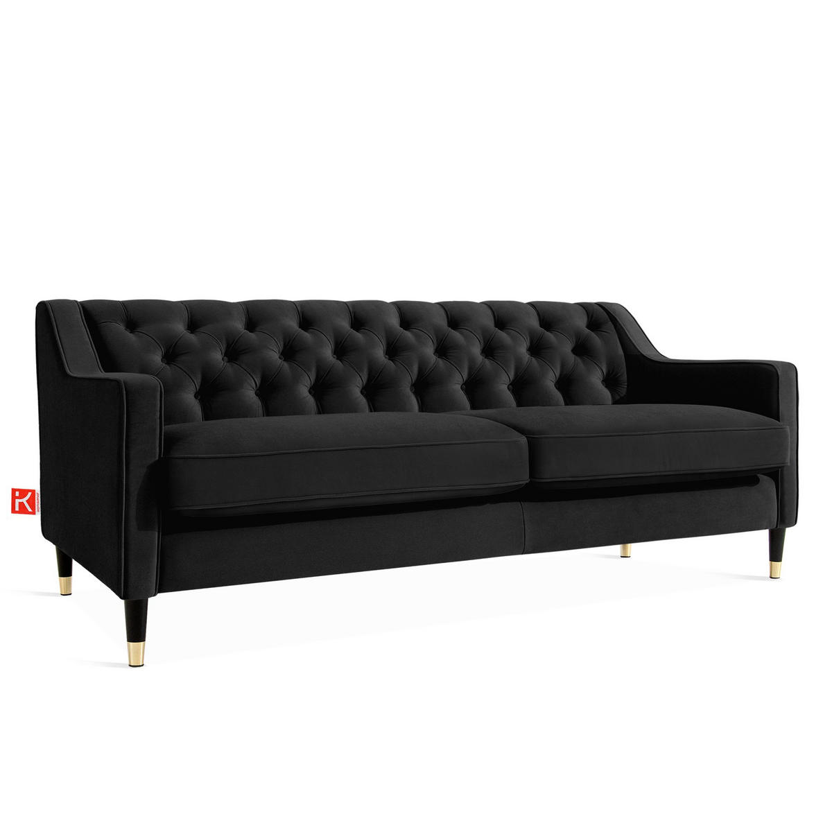 3-SITZER-SOFA NOMUS Velours, gesteppt, Schwarz - Wengefarben/Schwarz, Holz/Holzwerkstoff (192/78/80cm) - KONSIMO®