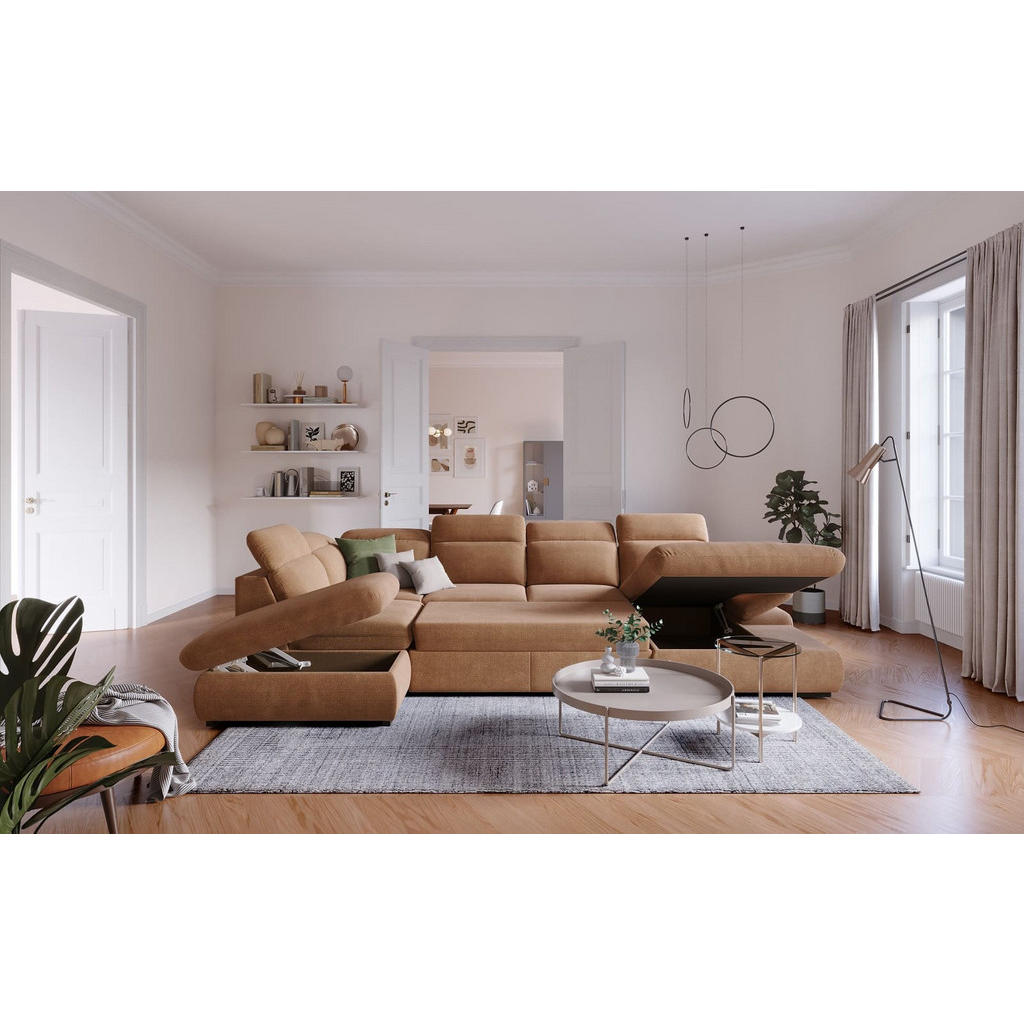 Thumbnail - Cotta Wohnlandschaft, Cognac, Textil, Echtholz,Fichte, U-Form,L-Form, 341x80x218 cm, Wohnzimmer, Sofas & Couches, Wohnla...
