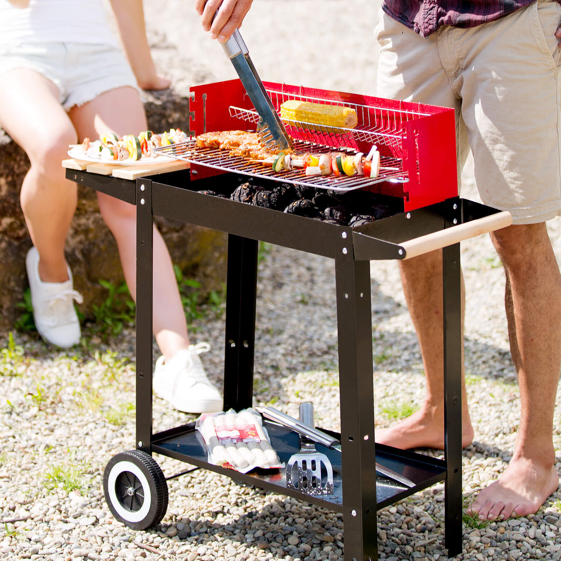 GRILLWAGEN ,86 x 34 x 80 cm,schwarz/rot - Rot/Schwarz, Metall (34/80/86cm) - tectake