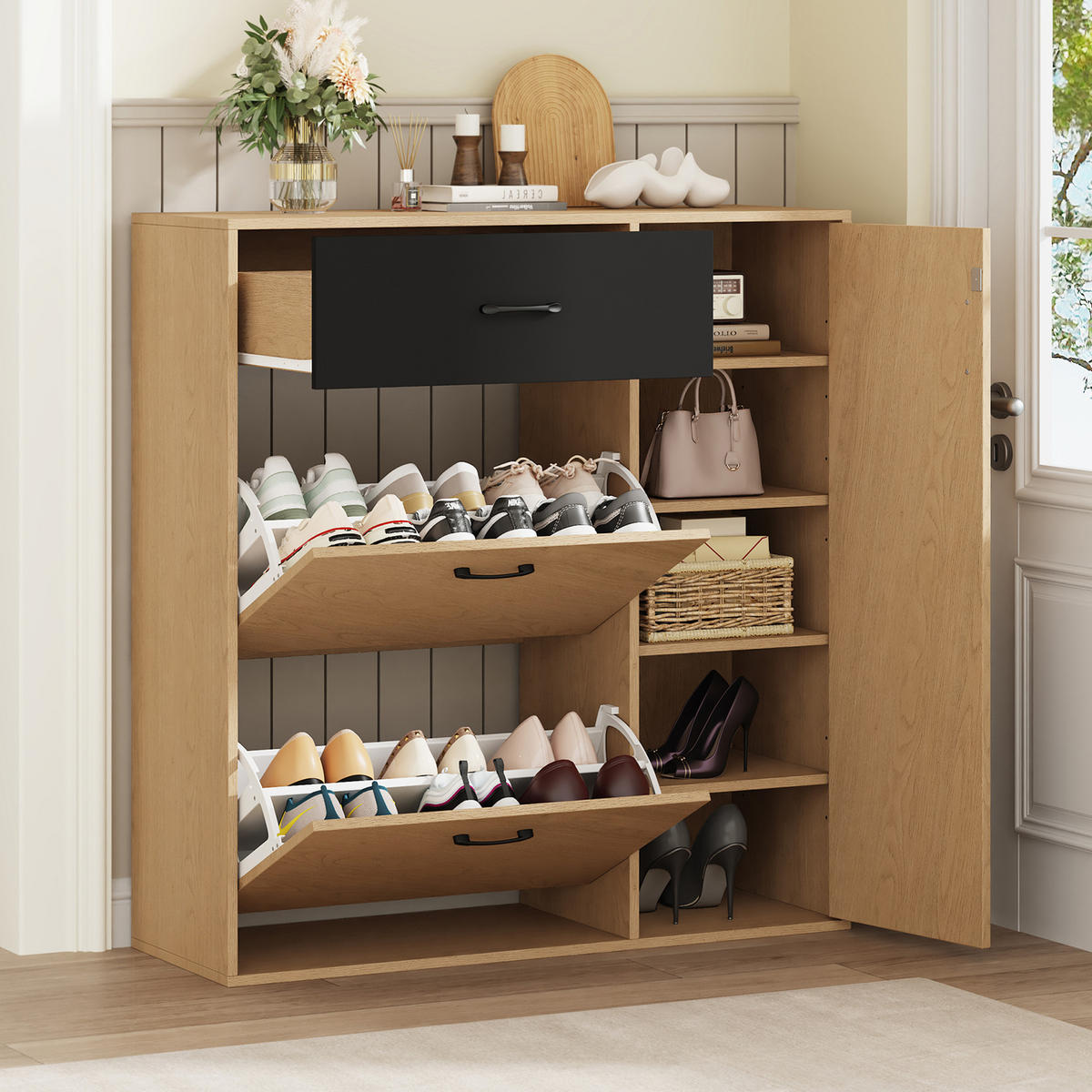 SCHUHSCHRANK 100×35×106cm Naturholz Schwarz mit 2 Klappen - Schwarz/Naturfarben, Holzwerkstoff (100/106/35cm) - FLIEKS