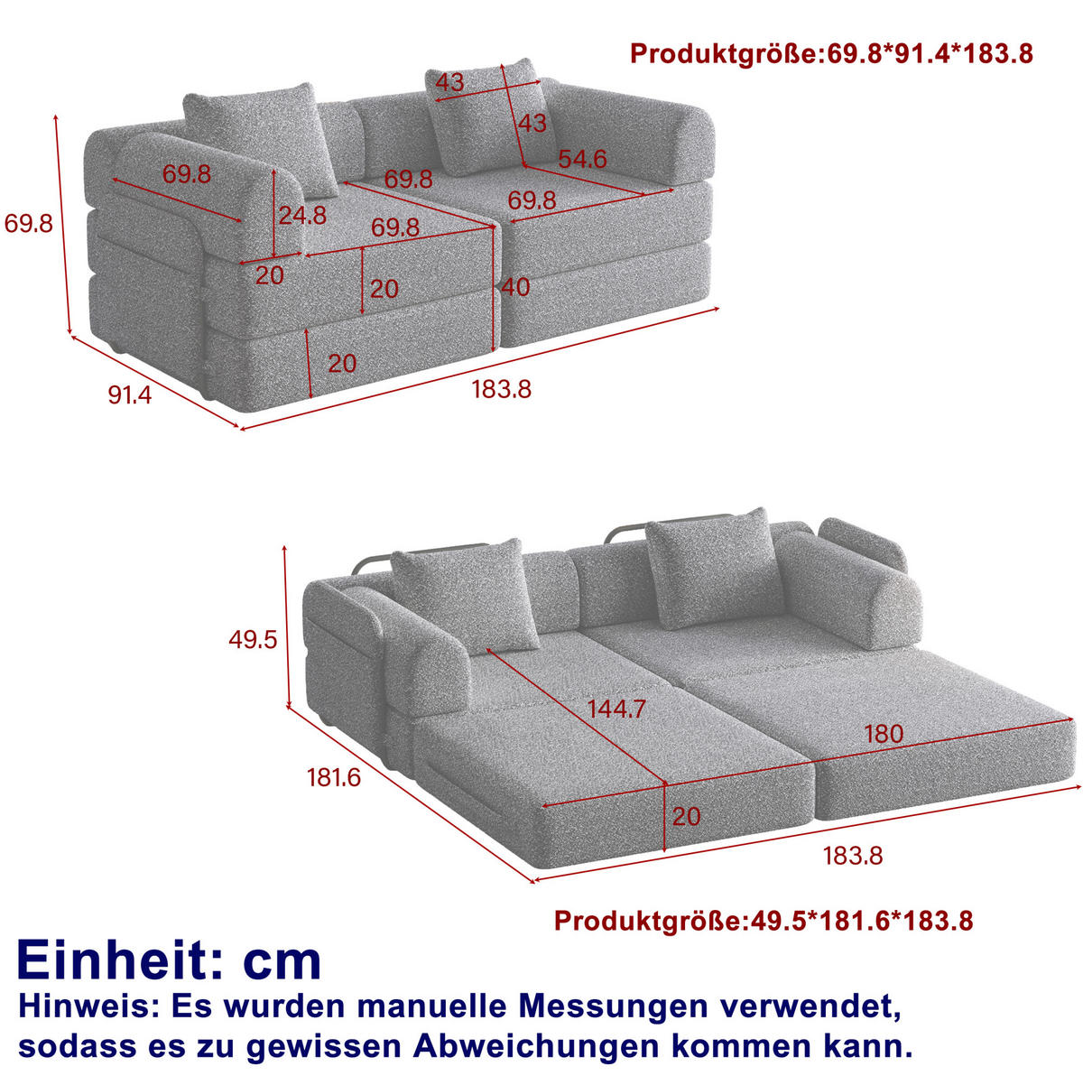 SCHLAFSOFA aus Chenille Schwarz 2-in-1 mit Armlehnen-Ablagefach und flexibler Modulnutzung - Schwarz, Textil (91.4/69.8/183.8cm) - Modfu