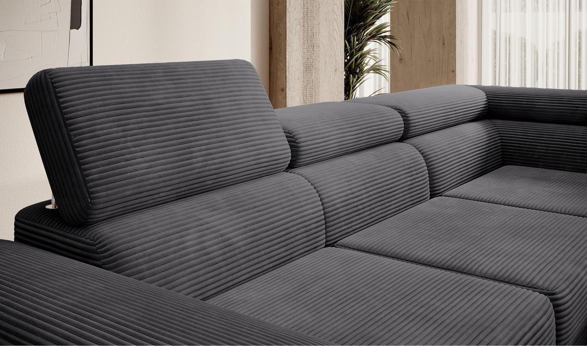ECKSOFA Stevil Dunkelgrau Cordbezug - Dunkelgrau/Silberfarben, Textil/Metall (275/203cm) - Selsey