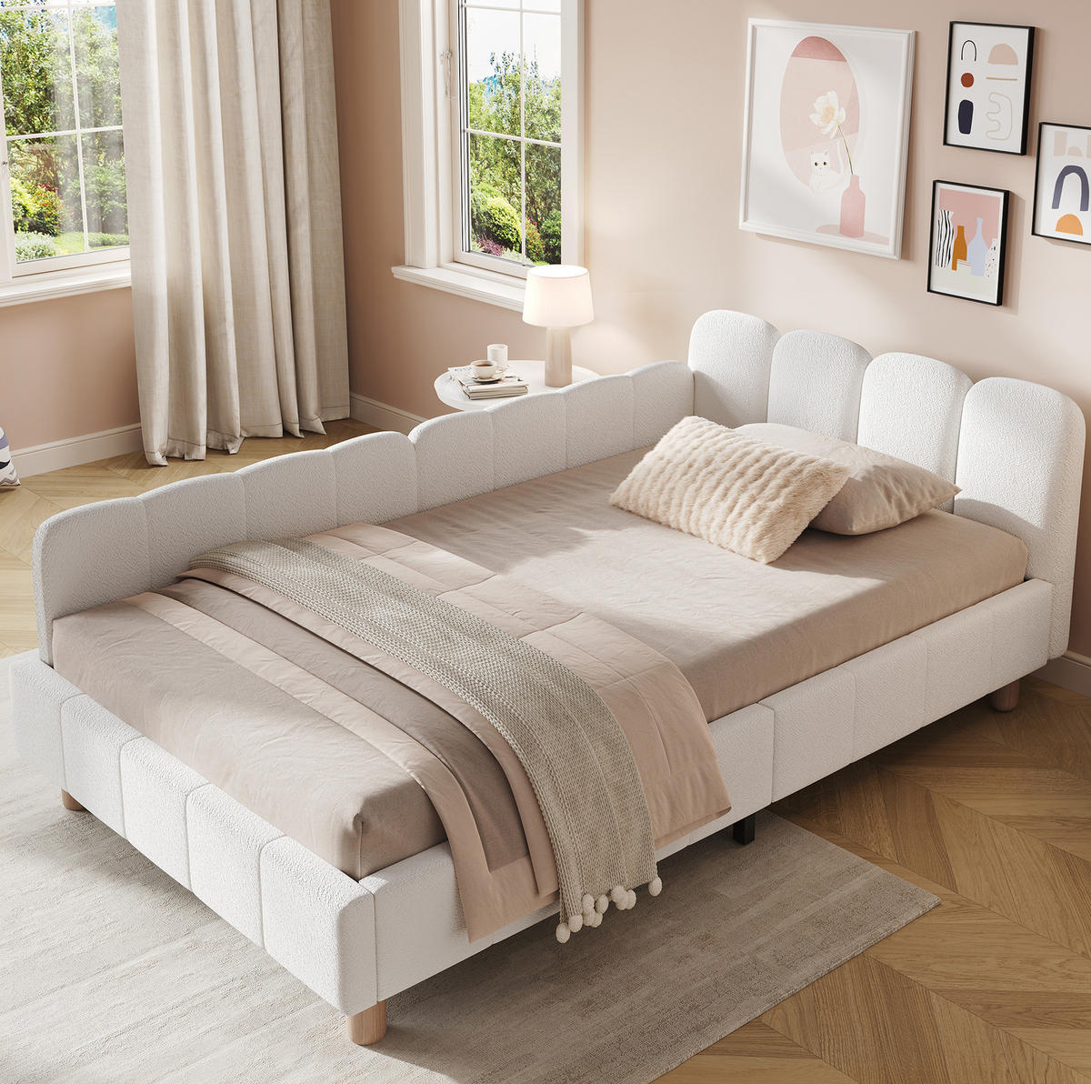 KINDERBETT 140/190 cm mit Sicherheitsbarriere, verstellbaren Seitenlehnen und Stauraumtaschen, Samt, Beige - Beige, Textil (140/190cm) - Redom