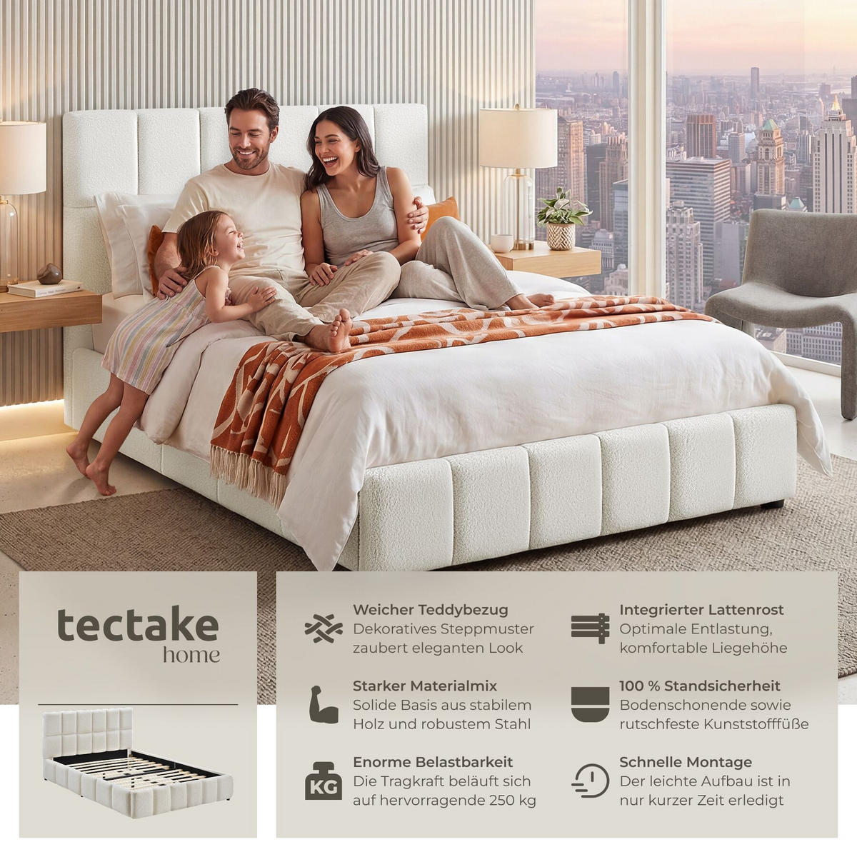 POLSTERBETT Shirley, Belastbarkeit 250 kg, Teddy creme - Creme, Holz (140/200cm) - tectake