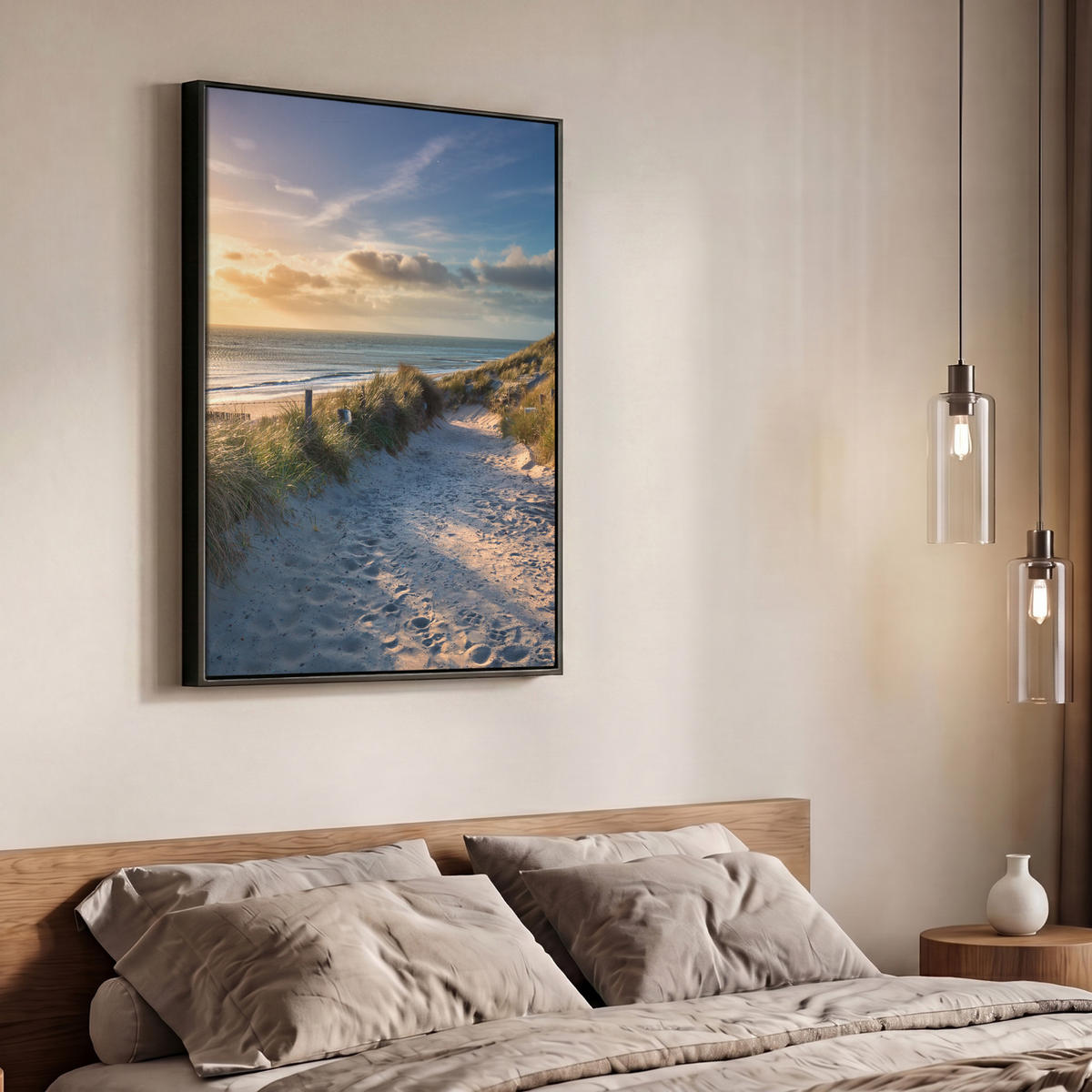 LEINWAND Bilder mit Rahmen - Sonnenuntergang - Strand - Düne - Gras - Ufer - 70x100 - Sandfarben, Textil (70/100cm) - MuchoWow