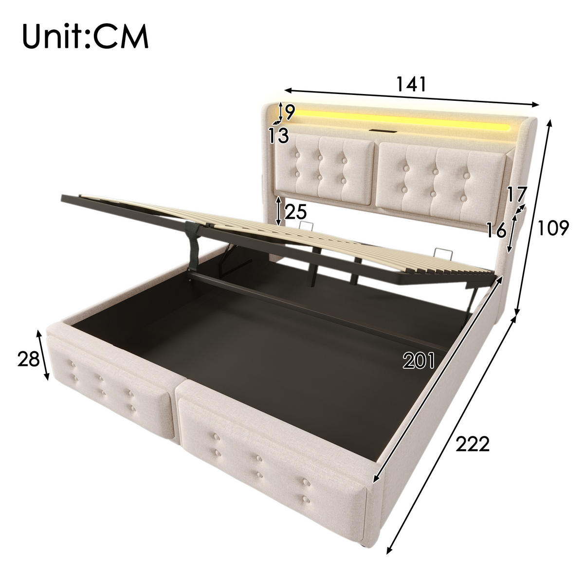 POLSTERBETT mit LED-Beleuchtung 140/200 cm mit Bettkasten und USB-C in Beige - Beige, Textil (140/200cm) - BEAOK