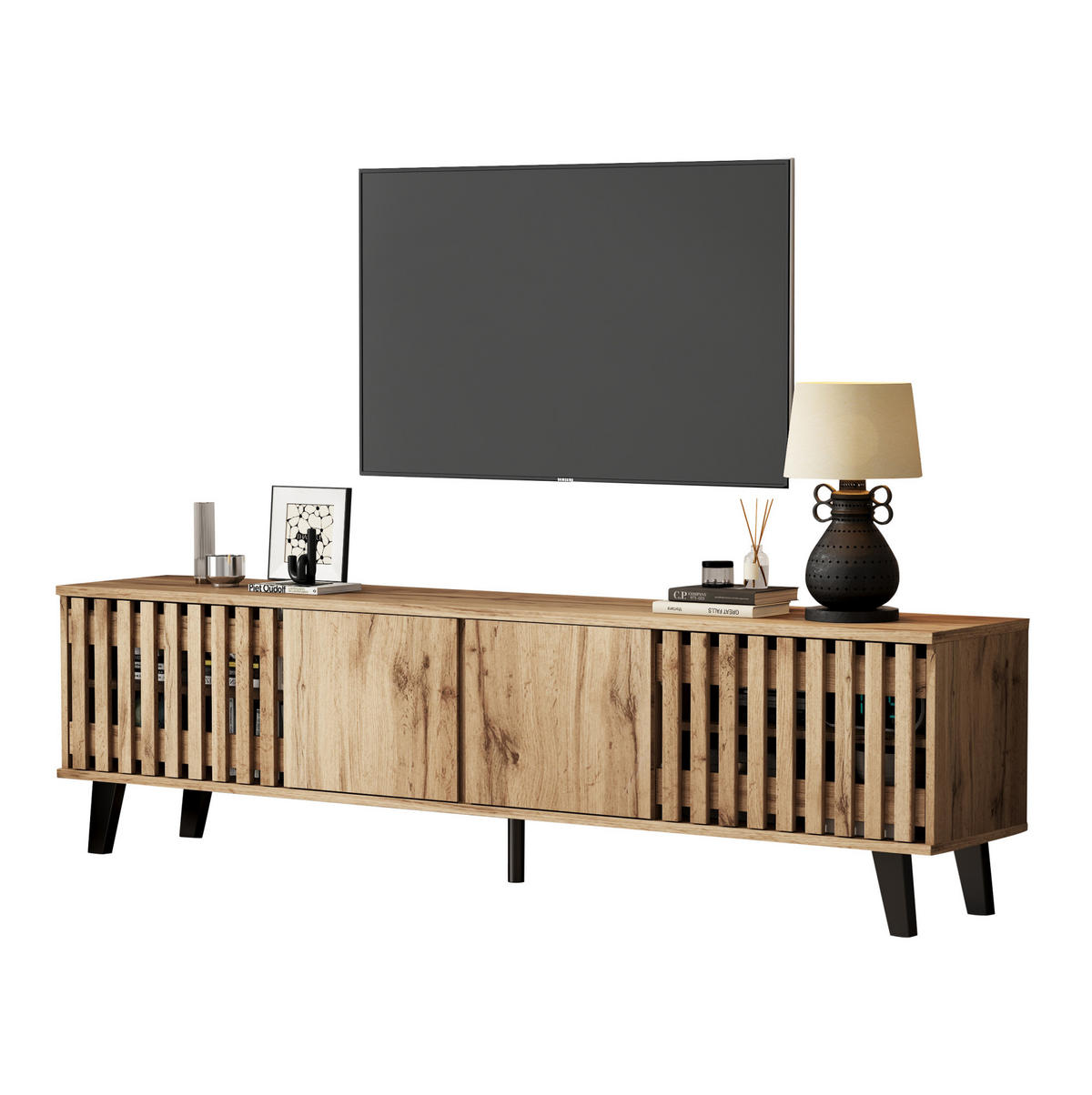 TV-LOWBOARD aus Spanplatte 180x40x55 cm Naturholz mit 8 Fächern und 4 Türen - Hellbraun, Holzwerkstoff (180/55/40cm) - IVMEU