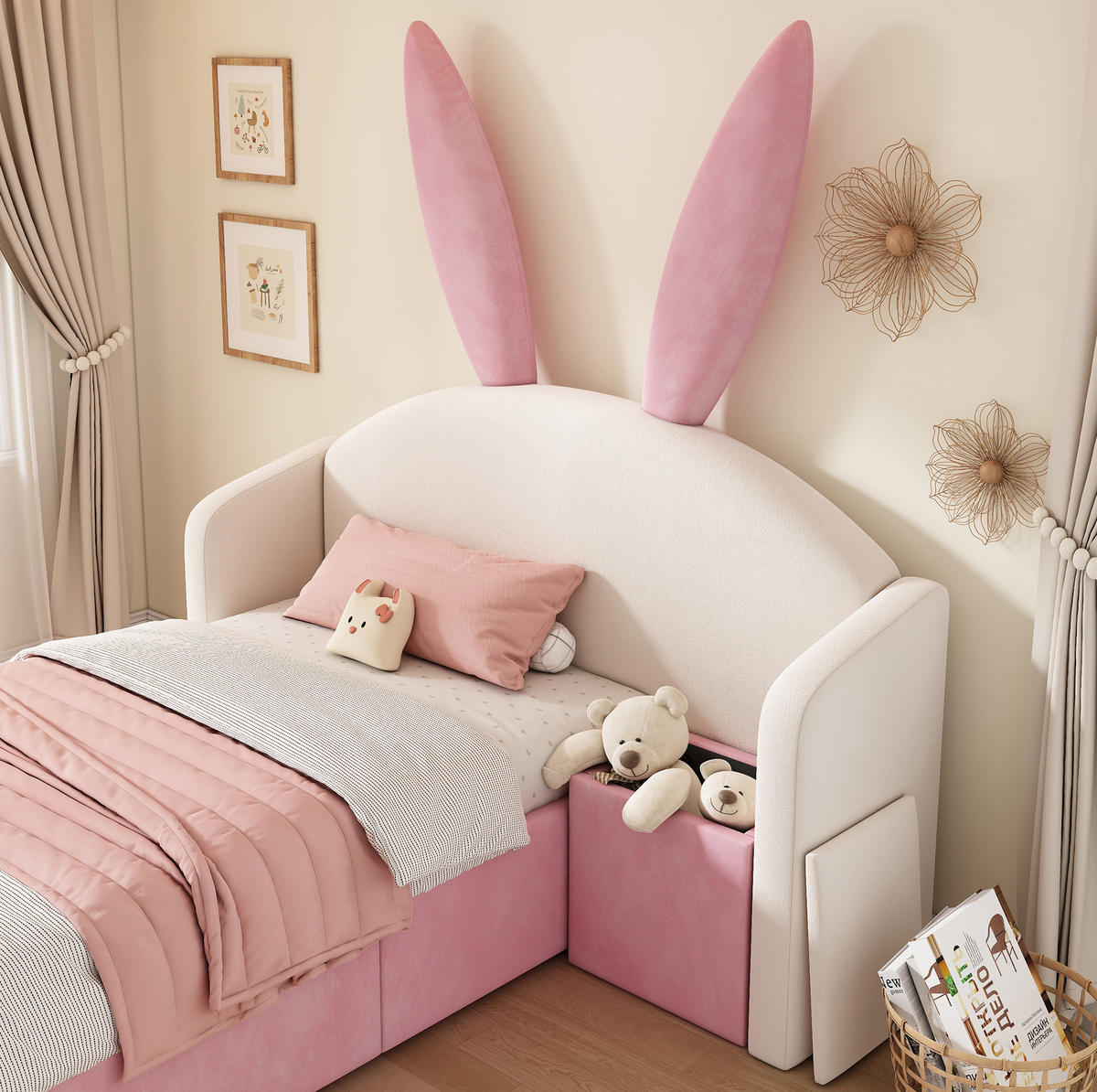 KINDERBETT 90/190 cm, Beige & Rosa mit Hasenohren, Nachttisch, ohne Matratze - Pink, Textil (90/190cm) - MIVRAY