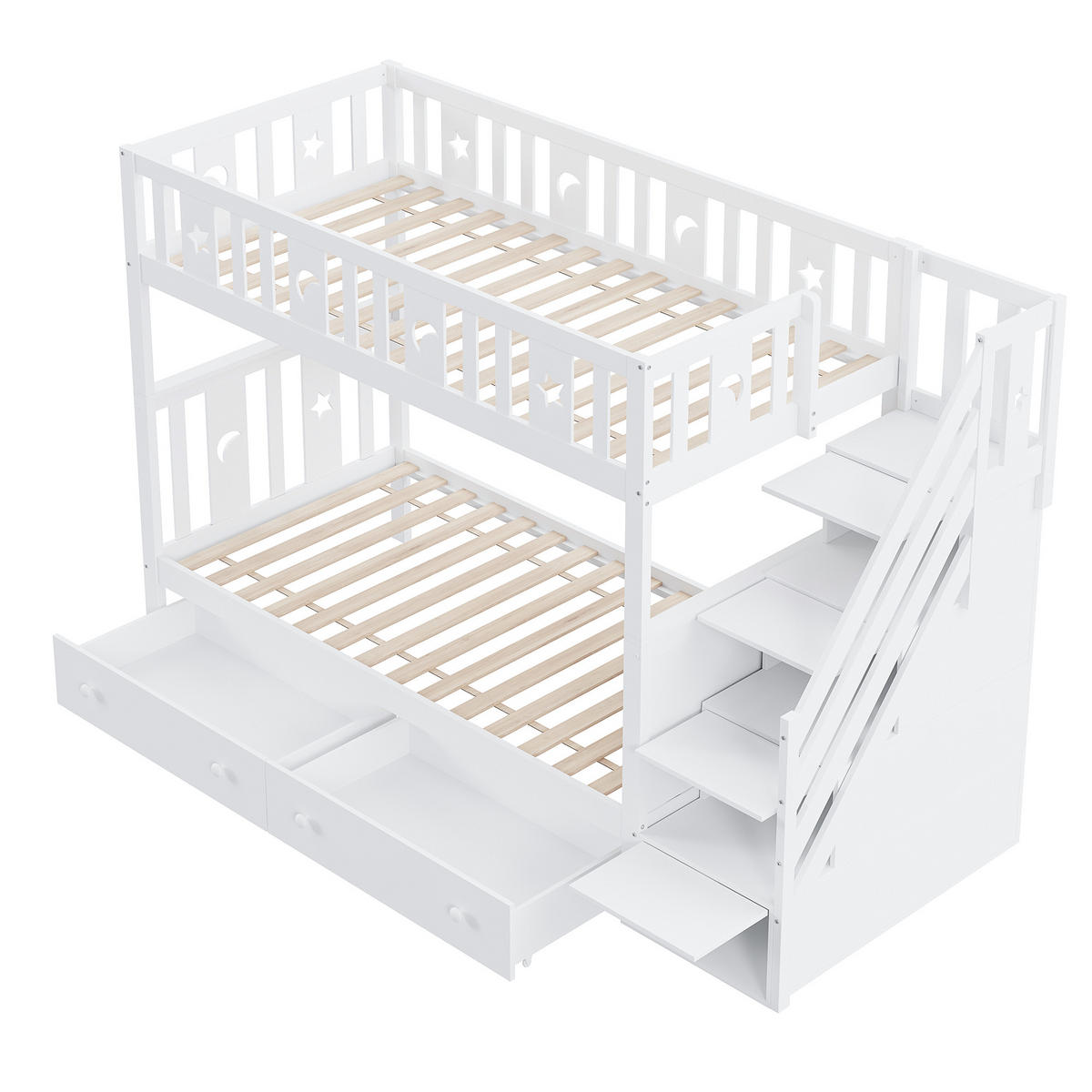 ETAGENBETT 90/200 cm Weiß aus Massivholz mit Stauraumtreppe und Lattenrost - Weiß, Holz (90/200cm) - OKWISH