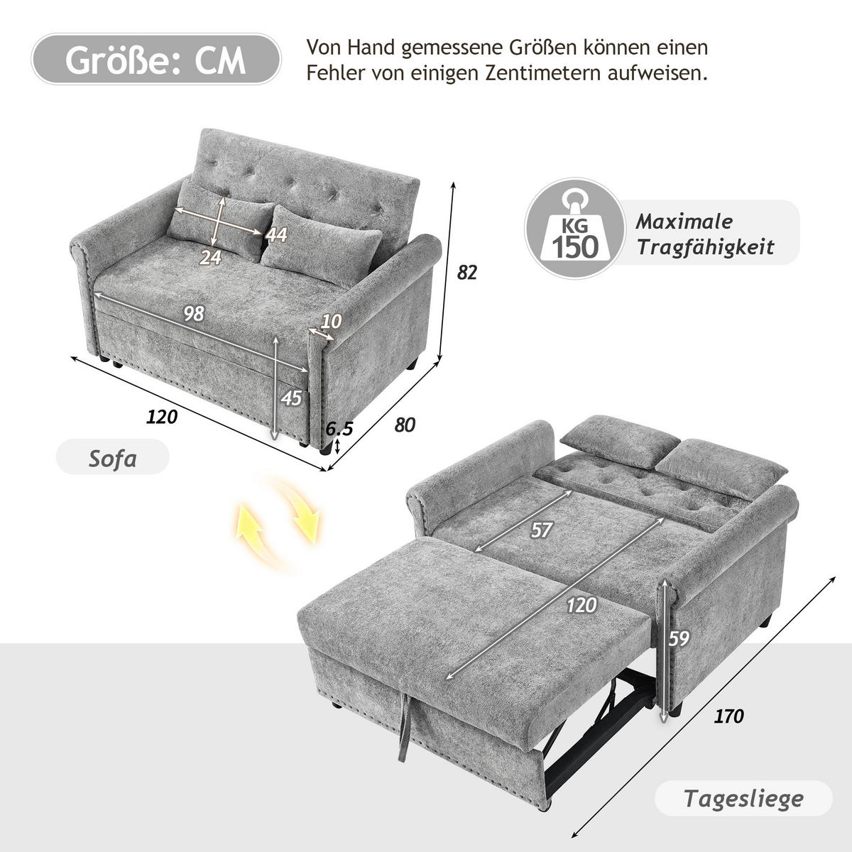SCHLAFSOFA Grau mit Ausziehbett und 3-fach verstellbarer Rückenlehne, Chenille - Schwarz/Grau, Holzwerkstoff/Kunststoff (120/82/170cm) - CHICFURN