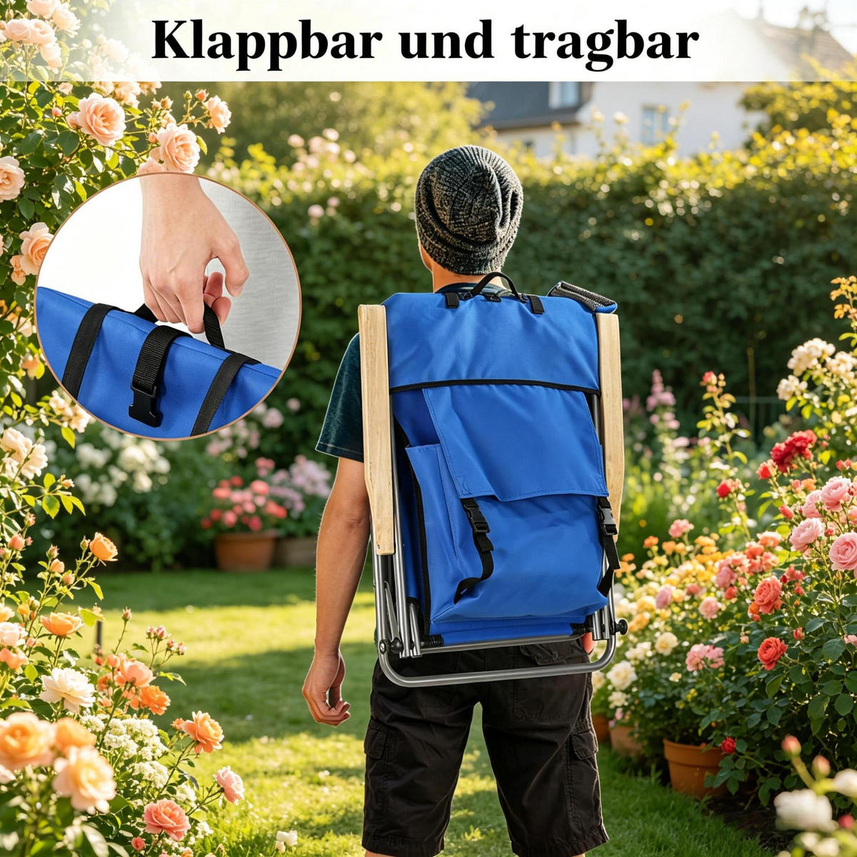 KLAPPBARER Campingstuhl 69/56/80 cm aus Oxfordstoff und Metall mit 4-fach verstellbarer Rückenlehne, Rucksackfunktion, Blau - Blau, Metall (56/57/98cm) - Redom
