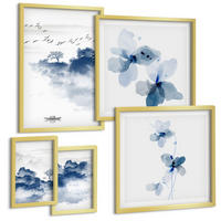 BILDER SET 5er Set - 50x50 cm & 20x30 cm & 40x60 cm Goldrahmen - Berge, Wolken, Bäume, Vögel im Hintergrund - Goldfarben, Kunststoff (40/60cm) - TULUP