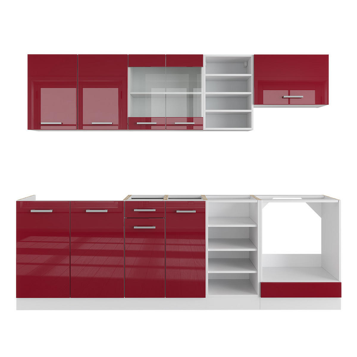 KÜCHENZEILE R-Line Rot Hochglanz/Weiß 240 cm ohne AP - Bordeaux/Weiß, Holzwerkstoff (240/81.6/46cm) - Vicco
