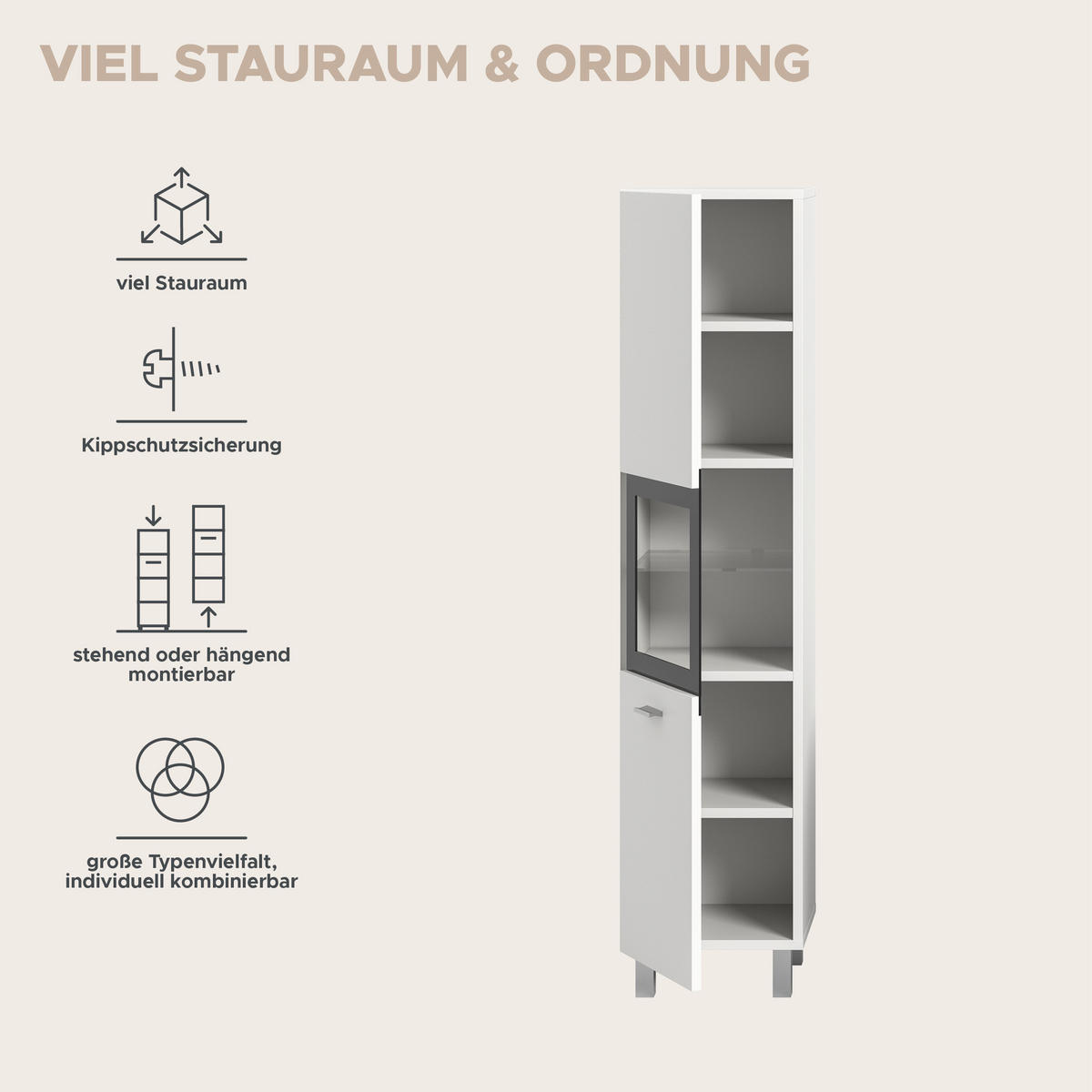 BADSCHRANK Boston/Tampa Bad in weiß Nachbildung und schwarz - modernes Design - B/H/T: 30x125x29 cm - Weiß, Holzwerkstoff (30/125/29cm)