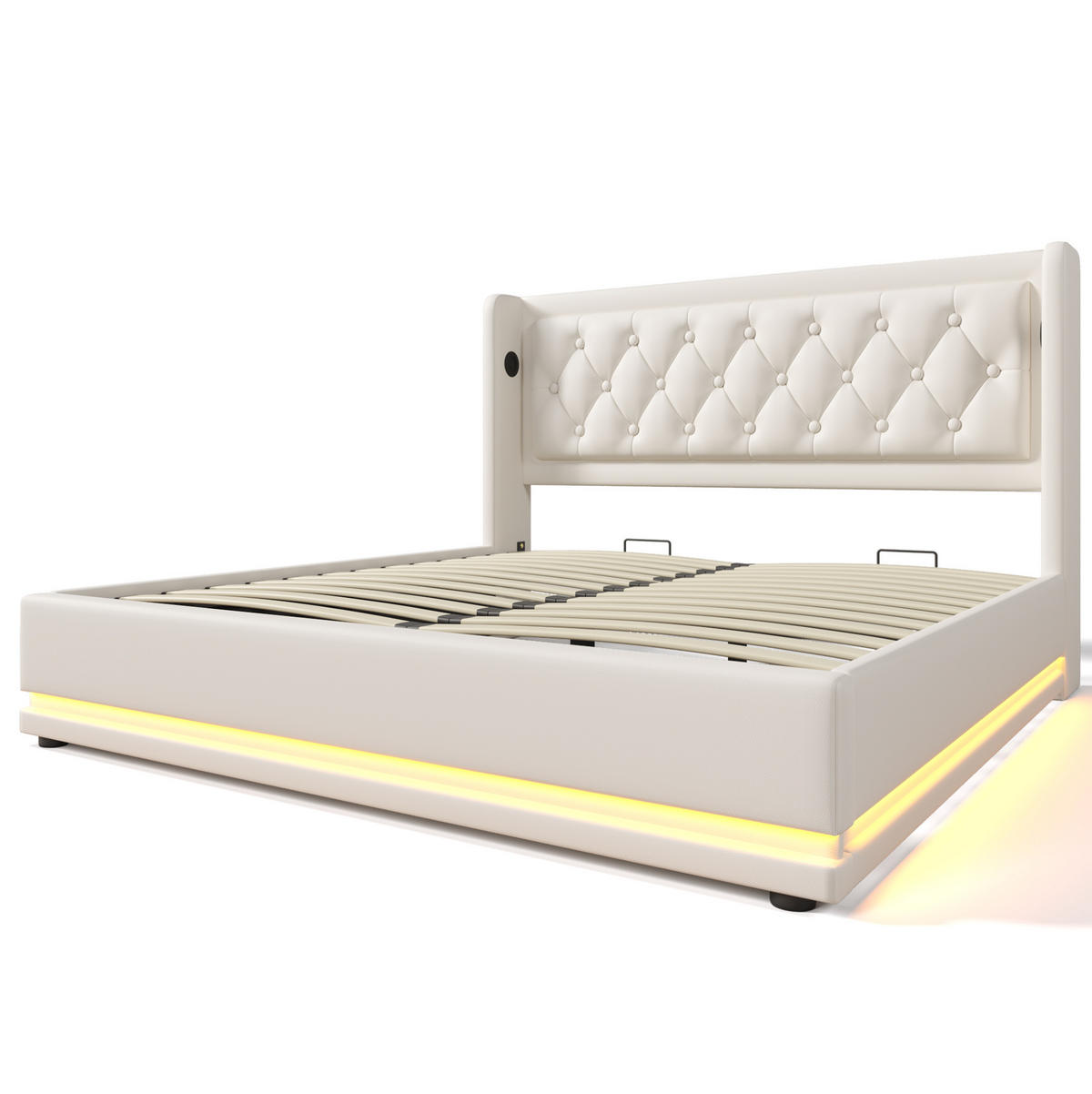 POLSTERBETT 180/200 cm Weiß aus PU mit LED und Ladefunktion - Weiß, Kunststoff (180/200cm) - OKMYHOME