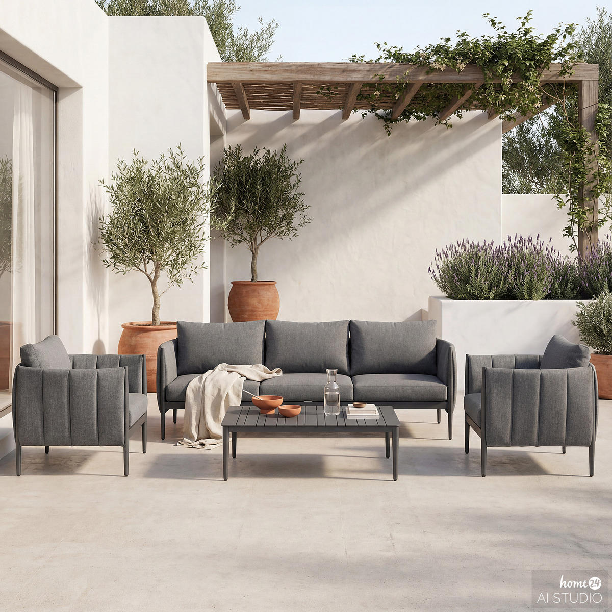 LOUNGESET - 4-teilig - Stahl / Polyester - Dunkelgrau - Dunkelbraun, Textil/Metall - home24