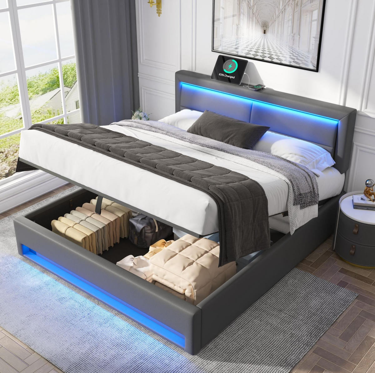 POLSTERBETT 140/200 cm mit LED-Beleuchtung, USB-Anschluss und Bettkasten - Grau, Kunststoff (140/200cm) - BEAOK