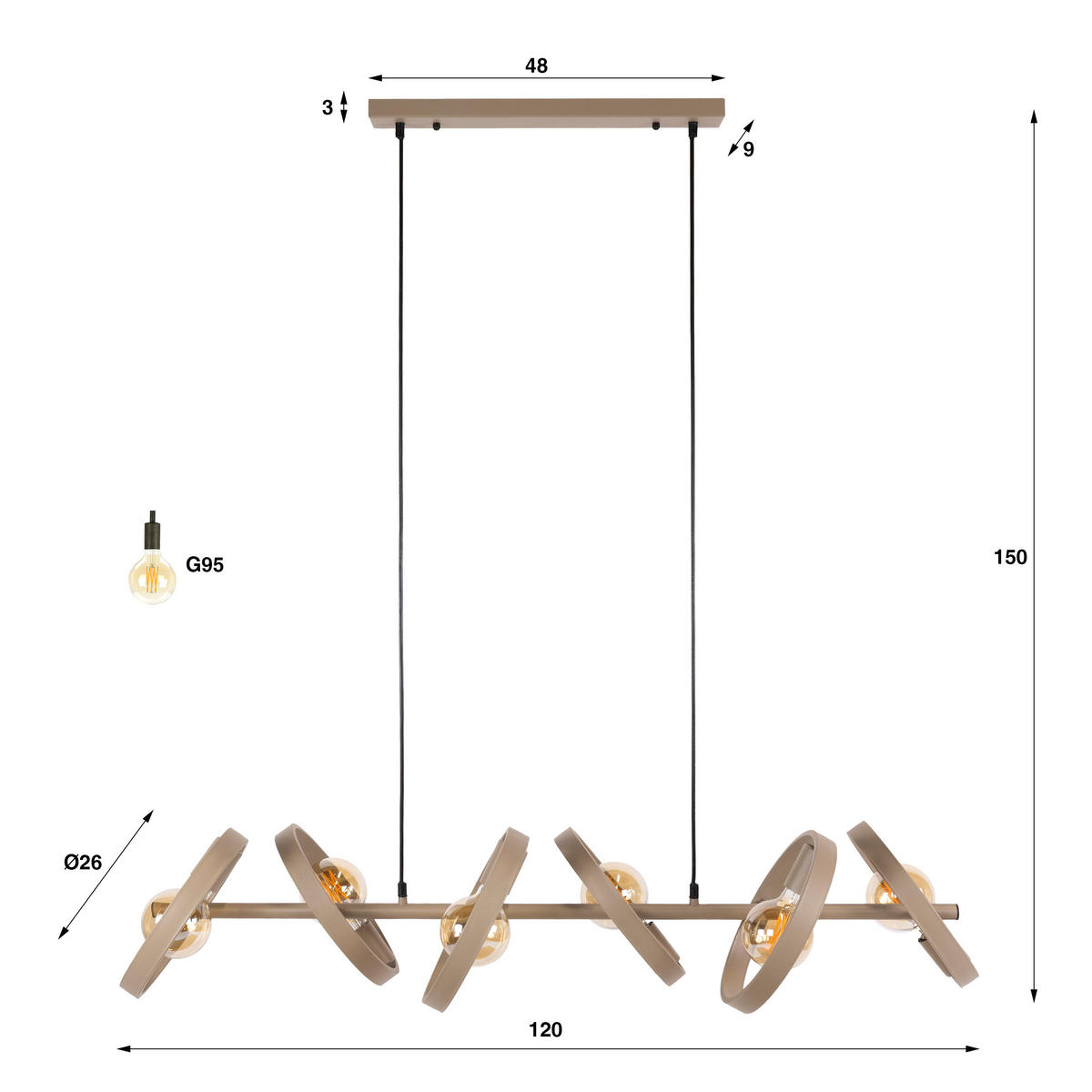 HÄNGELEUCHTE Hover 43 42/120/150 cm - Beige, Metall (42/120/150cm) - Hoyz Collection