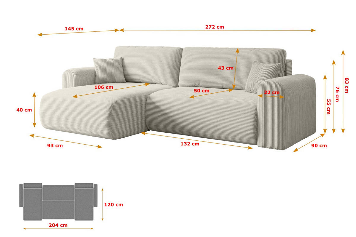 ECKSOFA mit Schlaffunktion und Bettkasten ORRO-L - 272x145x83 cm Hellgrau Cord - Hellgrau/Schwarz, Holzwerkstoff/Kunststoff (272/145cm) - ALTDECOR