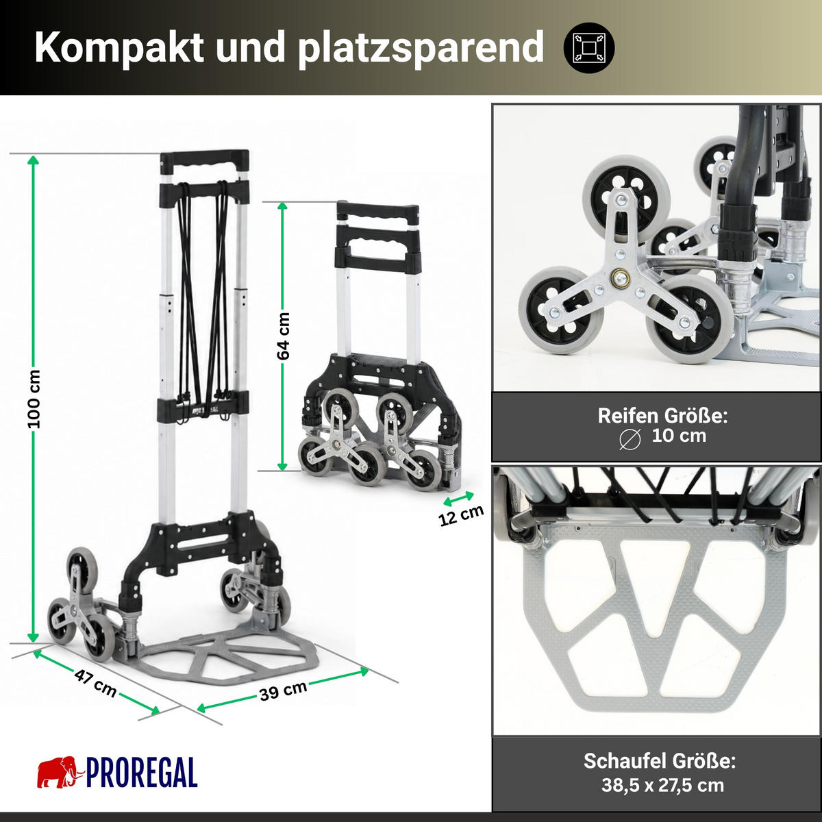 TREPPENSTEIGER Sackkarre Elephant klappbar 100x39x47cm Traglast 70kg AluminiumrahmenTRR Fachgummiräder Silber - Silberfarben, Metall (47/39/100cm) - PROREGAL