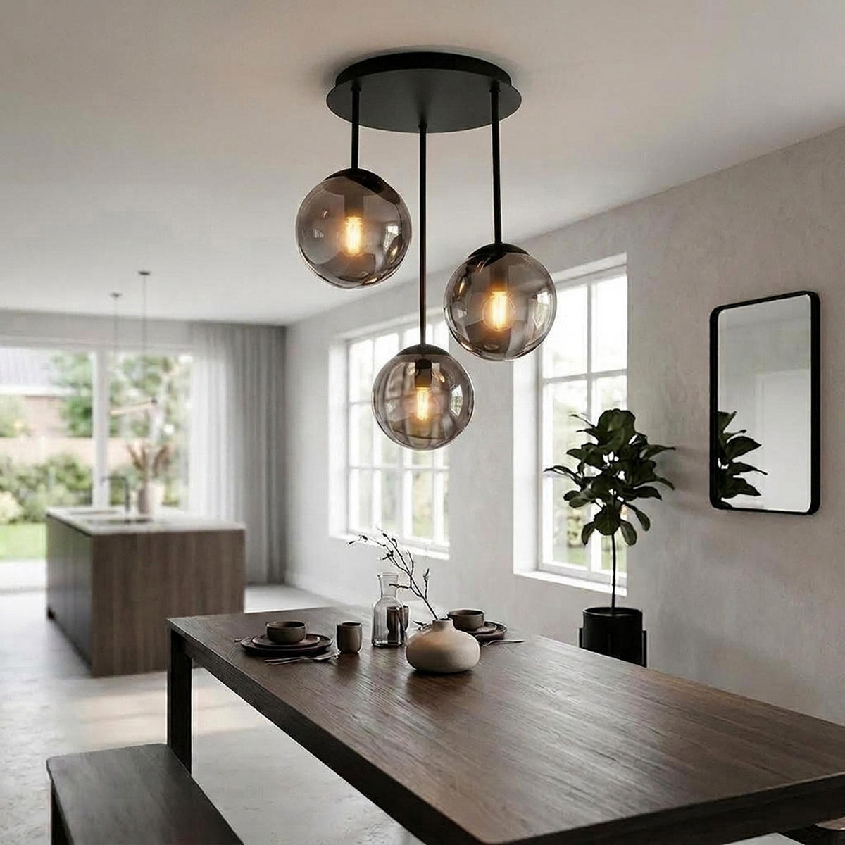 DECKENLEUCHTE HARMON, Metall, Schwarz, Rauchoptik - Schwarz, Glas (34/32.5/40cm) - Globo Lighting