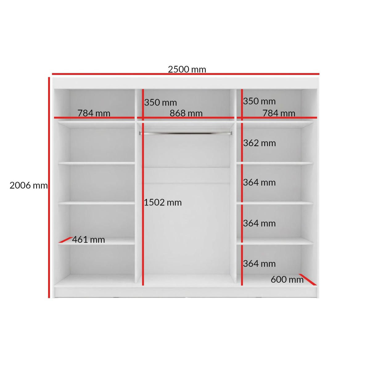 SCHWEBETÜRENSCHRANK mit Spiegel Fiore 3D1L 250 Weiß/Silber - Silberfarben/Weiß, Holzwerkstoff/Metall (250/200/60cm) - mzm24