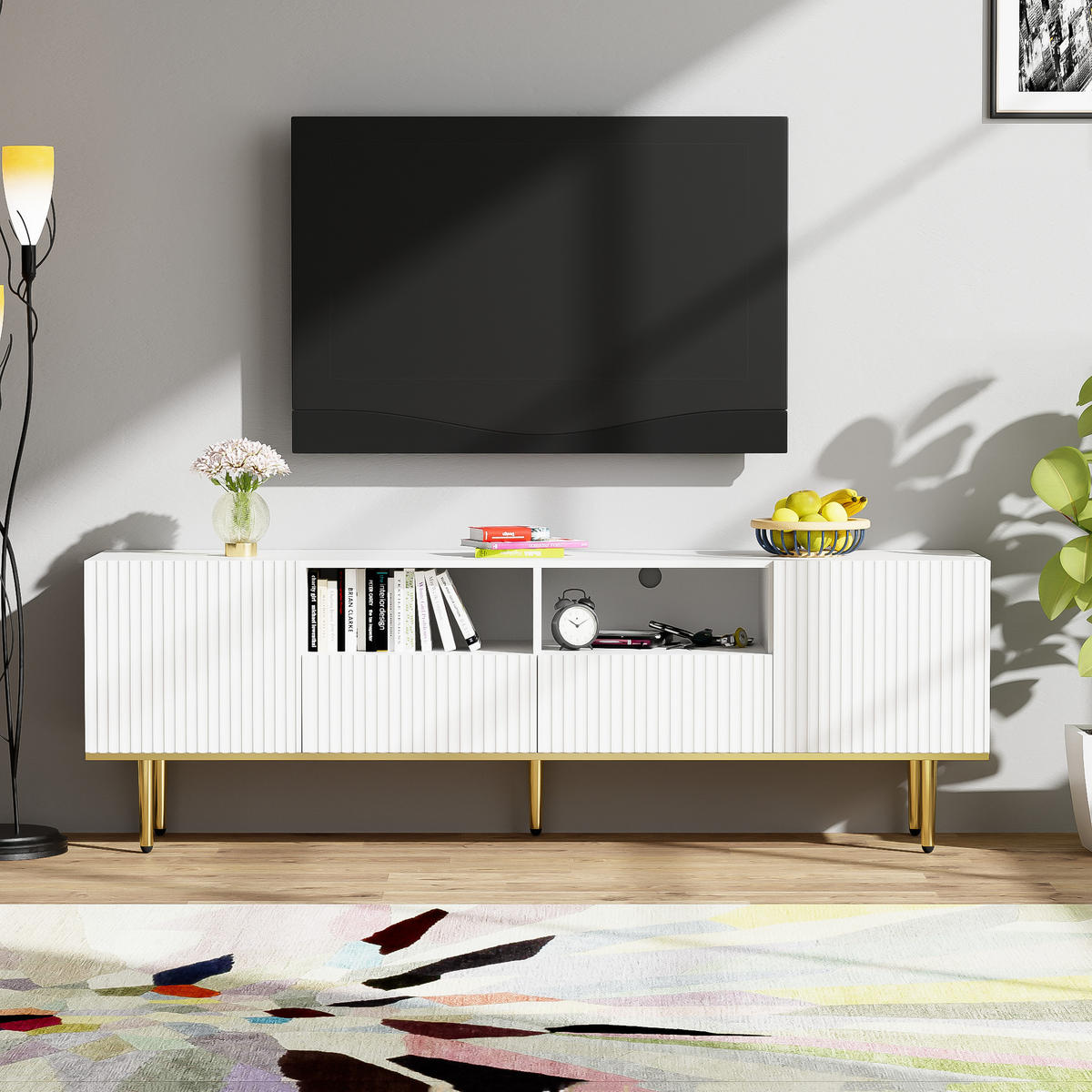 TV-SCHRANK in Weiß mit goldenen Akzenten und 2 Schubladen 165/36/55 cm - Weiß, Holzwerkstoff (165/55/36cm) - Redom
