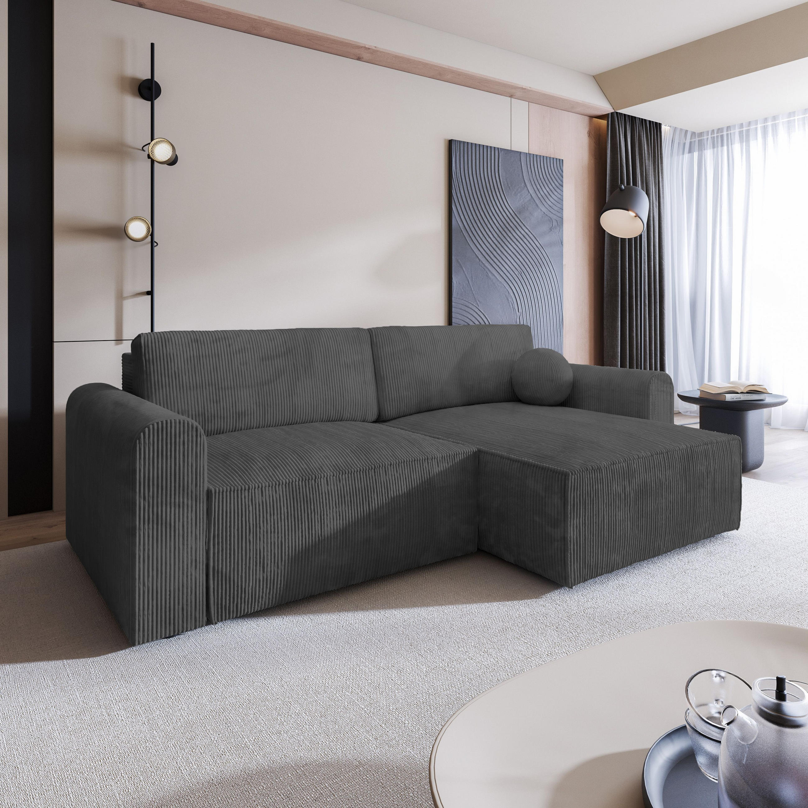 ECKSOFA FIANO P Graphitfarben Kordstoff mit Schlaffunktion - Graphitfarben, Holz (245/148cm) - MASSENO