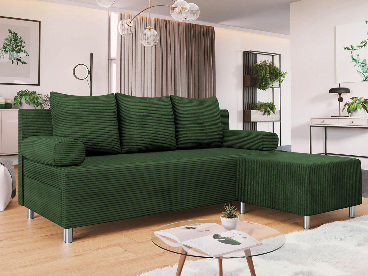 SCHLAFSOFA Dover Cord mit Polsterhocker - Chromfarben/Grün, Holz/Kunststoff (192/80cm) - MIRJAN24