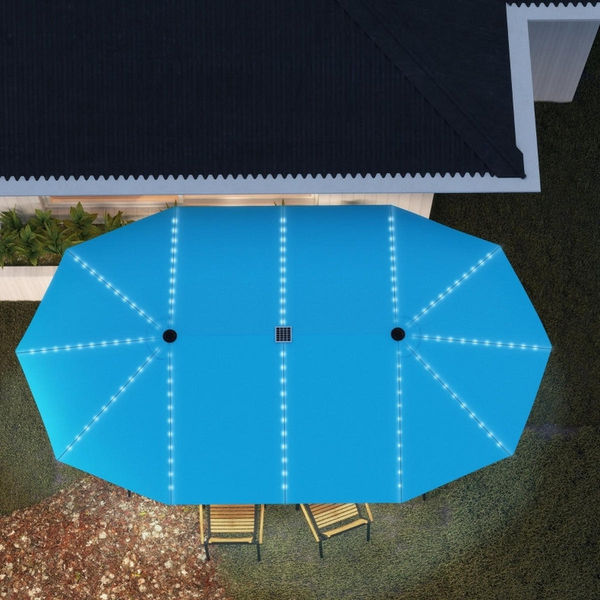 DOPPELSONNENSCHIRM aus Aluminium 451x267 cm in Blau mit Solar-LED & Kurbel - Blau, Metall (267/451cm) - Modfu