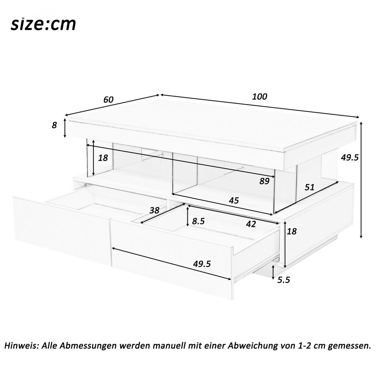 KLUBSKA miza, 100/60/49,5 cm, bela, z LED-osvetlitvijo in 2 predaloma - bela, leseni material (100/60/49.5cm) - BEAOK