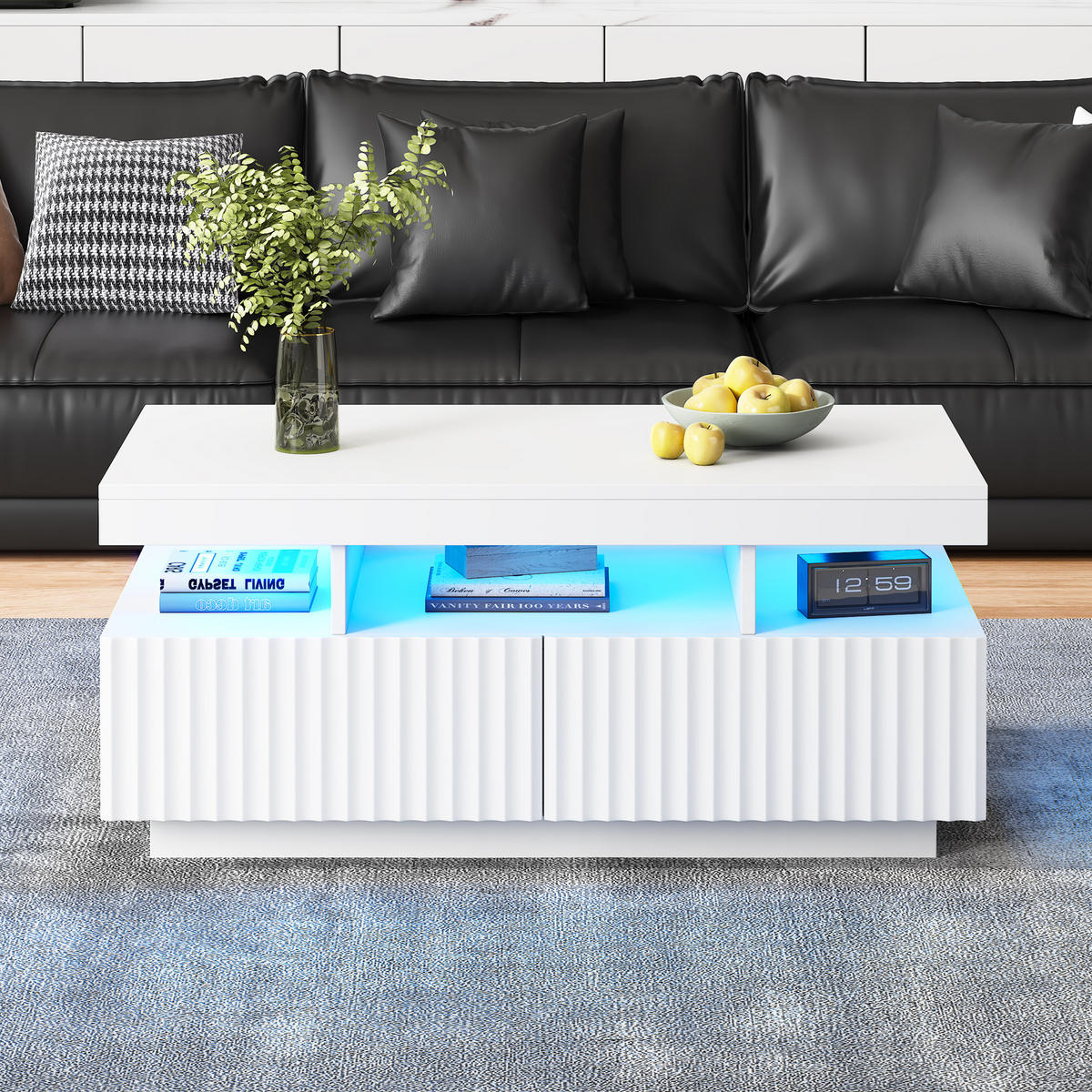 COUCHTISCH DE-37112 mit vertikalen Streifen, 2 Schubladen und LED Weiß - Weiß, Holzwerkstoff (100/50/45cm) - ComfortXL
