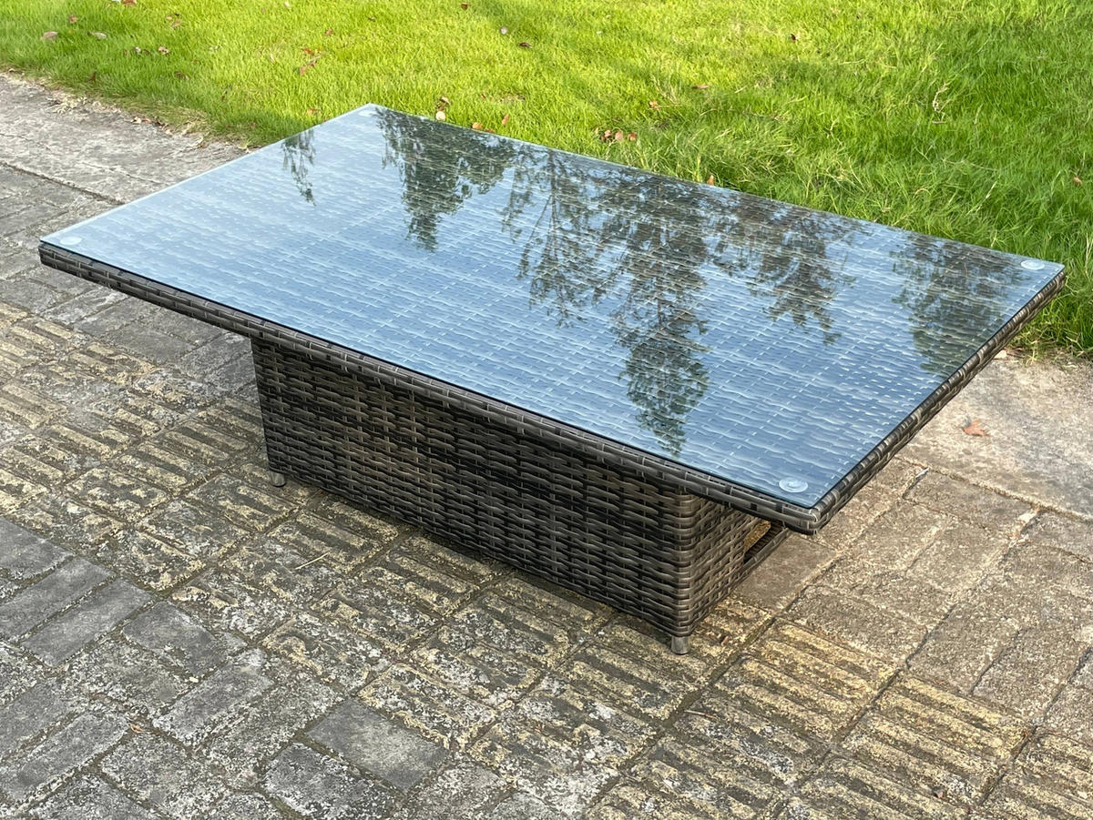 GARTENMÖBEL HÖHENVERSTELLBARER ESSTISCH SET Polyrattan Outdoor 7-Sitzer - Dunkelgrau/Grau, Glas/Kunststoff - Fimous
