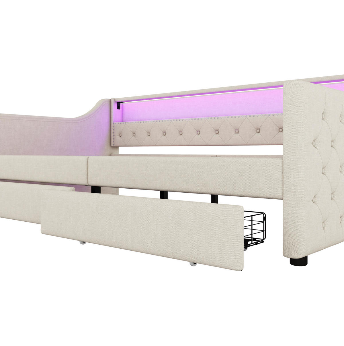 POLSTERBETT 90/200 cm Beige mit LED-Beleuchtung, USB-Anschluss und 2 Schubladen - Beige, Textil (90/200cm) - Flora Grace