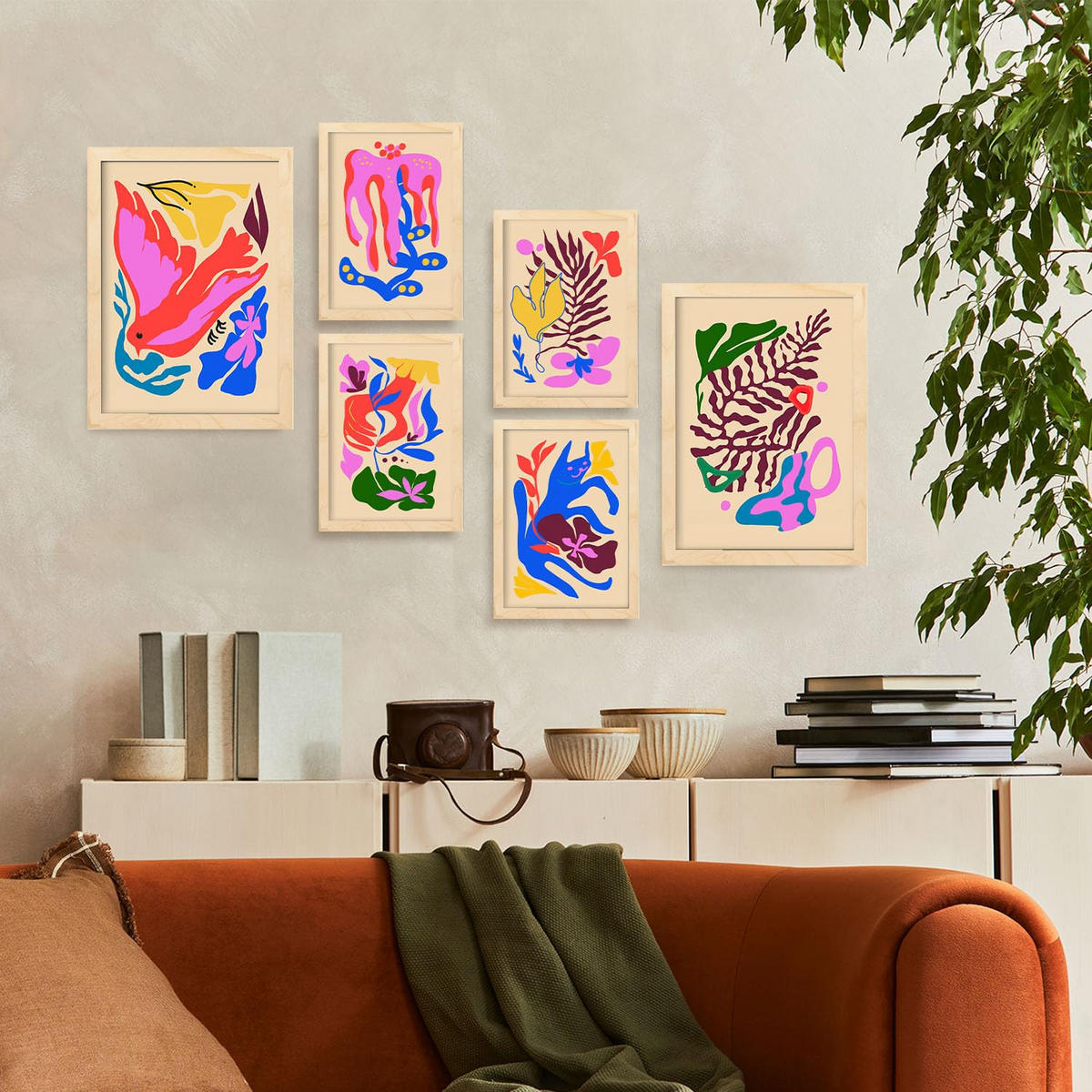 POSTER Set Mit 6 Malerisch 3 In Blume Zusammenfassung Ästhetische Dekorative Gemälde Für Ihr Wohnzimmer Zuhause A3 & A4 Rahmen Aus Hellem Holz - Beige, Papier (29/3cm) - Nacnic