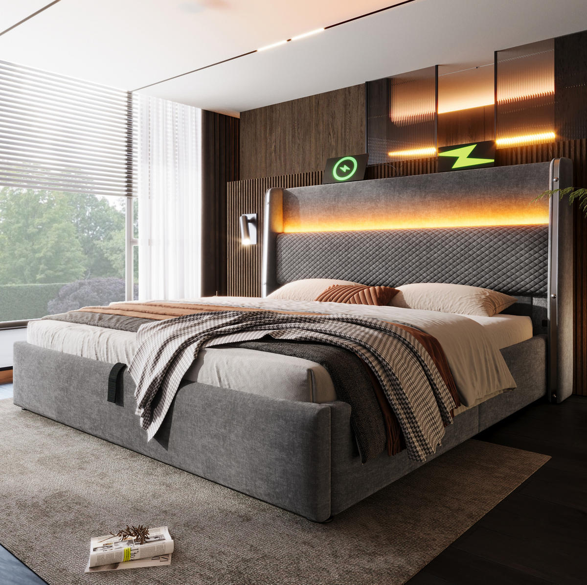 POSTEL s matrací 140/200 cm šedá z lnu s LED osvětlením, úložným prostorem a USB/Type-C - šedá, textil (140/200cm) - OKWISH