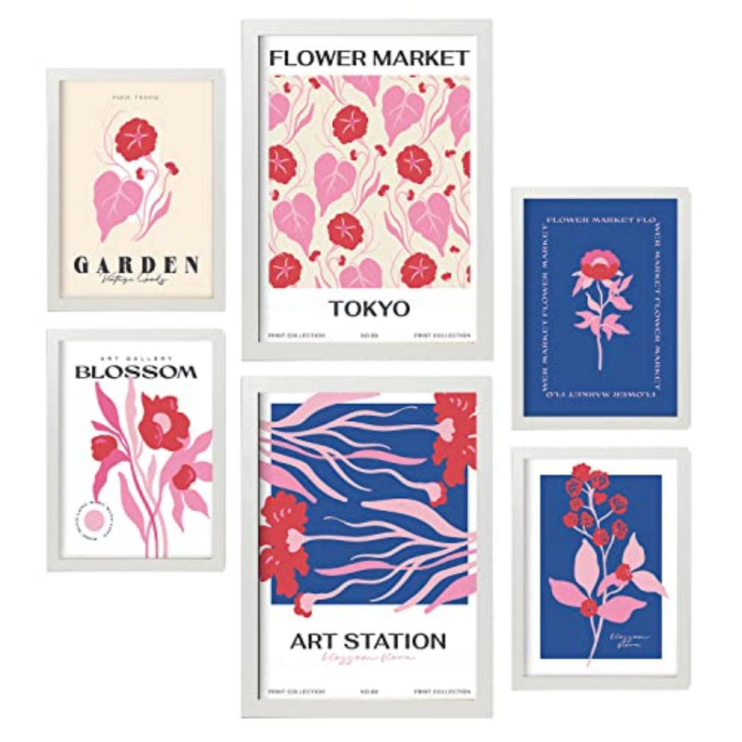 POSTER Set Mit 6 Blumen Blumenmarkt Natur Und Botanikdrucke Für Innenarchitektur A3 & A4 Weißer Rahmen - Weiß, Papier (29/3cm) - Nacnic