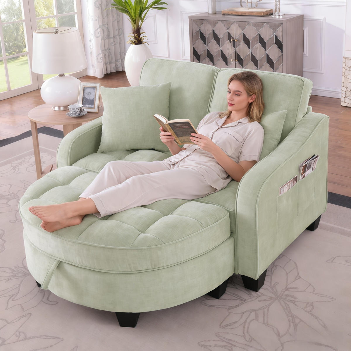 SCHLAFSOFA 2 in 1 Sofa mit Schlaffunktion,Hocker und Stauraum Stoffbezug Grün - Grün, Textil (129/93/132cm)