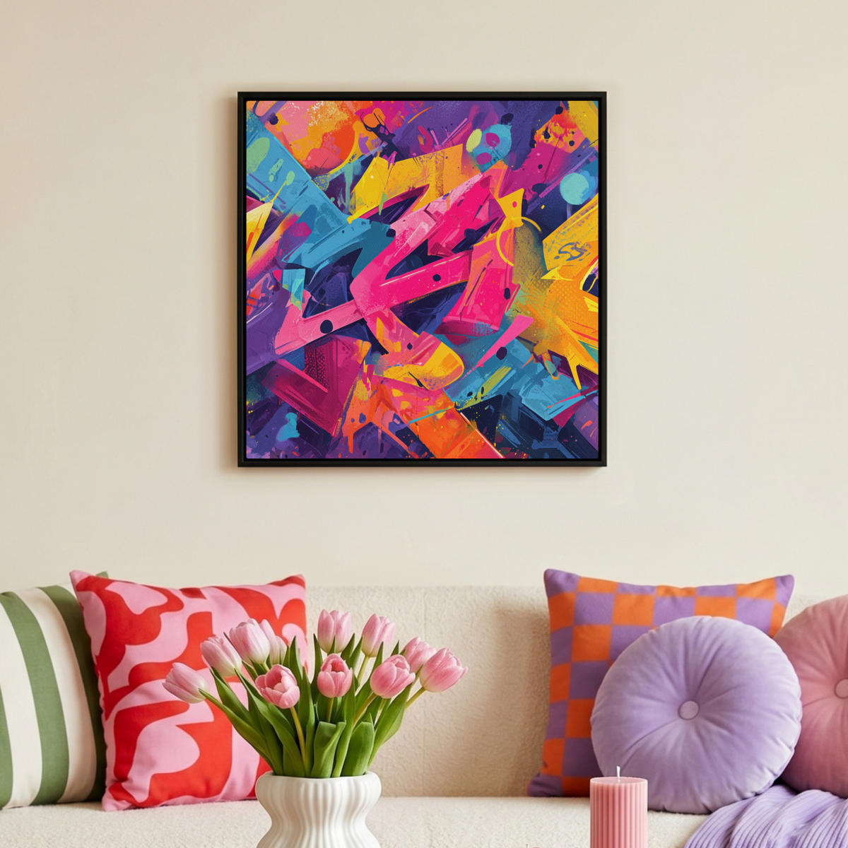 LEINWAND Bilder mit Rahmen - Abstrakt - Formen - Farbenfroh - 50x50 - Magenta, Textil (50/50cm) - MuchoWow