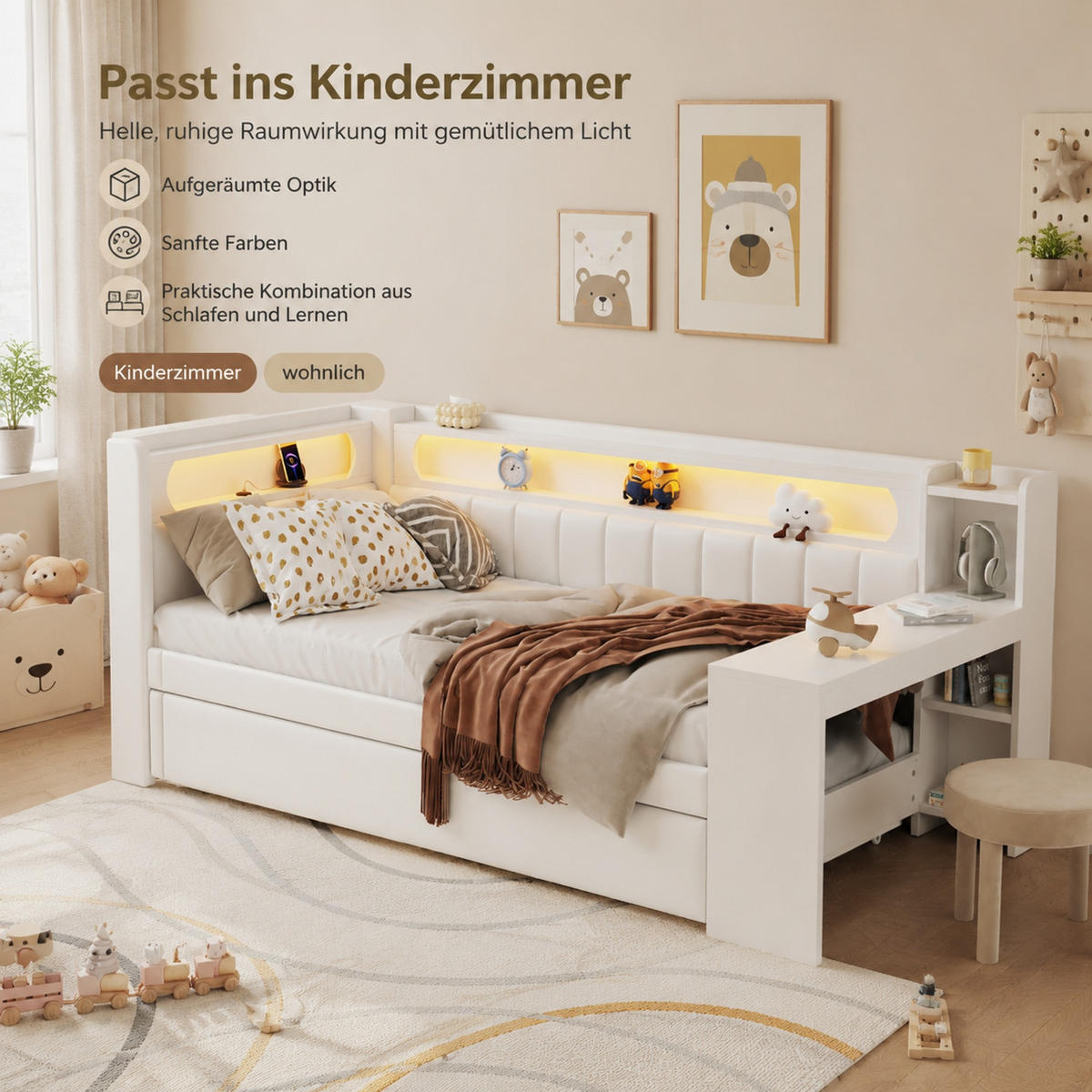 POLSTERBETT Kinder 90/200 cm aus MDF, Sperrholz und Leinen mit USB, LED-Beleuchtung, Ausziehbett und Schreibtisch Weiß - Weiß, Holzwerkstoff (90/200cm) - Modenvie