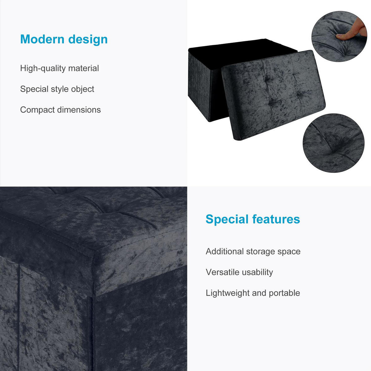 SITZBOX Faltbar mit Samtbezug 49/30/30 cm (Schwarz) - Schwarz, Karton (30/30/49cm) - Intirilife