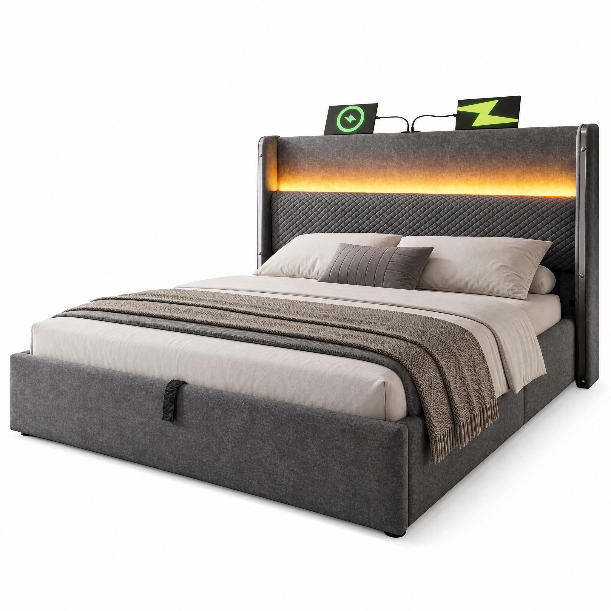 POLSTERBETT 140/200 cm in Grau mit Bettkasten, LED, USB und Type-C Leinen Design - Grau, Holzwerkstoff/Textil (140/200cm) - STILVORA