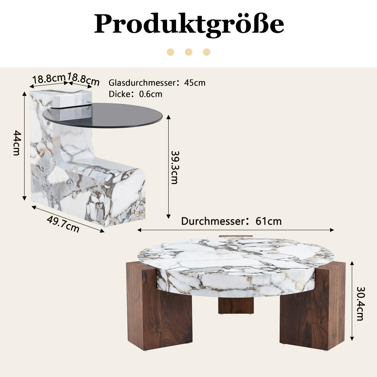 BEISTELLTISCH rund Weiß/Schwarz/Grau 2 Ebenen Glas/MDF - Weiß/Naturfarben, Glas/Holzwerkstoff (61/61/44cm)