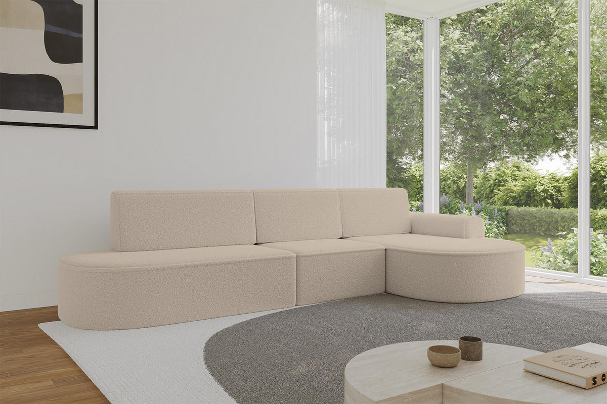 ECKSOFA mit Schlaffunktion Ottomane RECHTS MARI L2-S 368X167X85 Dunkelbeige Bouclé - Hellbraun/Schwarz, Holzwerkstoff/Kunststoff (167/368cm) - ALTDECOR