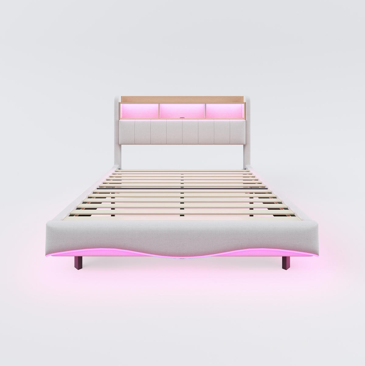 POLSTERBETT 160/200 cm aus Leinenstoff mit LED-Beleuchtung und USB- und Type-C-Anschlüssen beige - Beige, Textil (160/200cm) - OKWISH