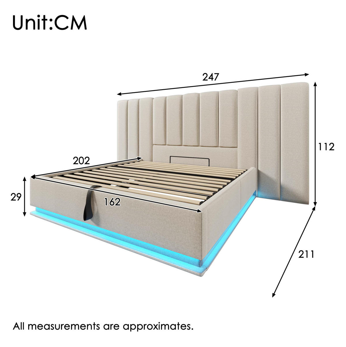 POLSTERBETT mit Stauraum, LED & Ladefunktion 160x200 cm Leinen Beige - Beige, Metall (160/200cm) - Meubliv