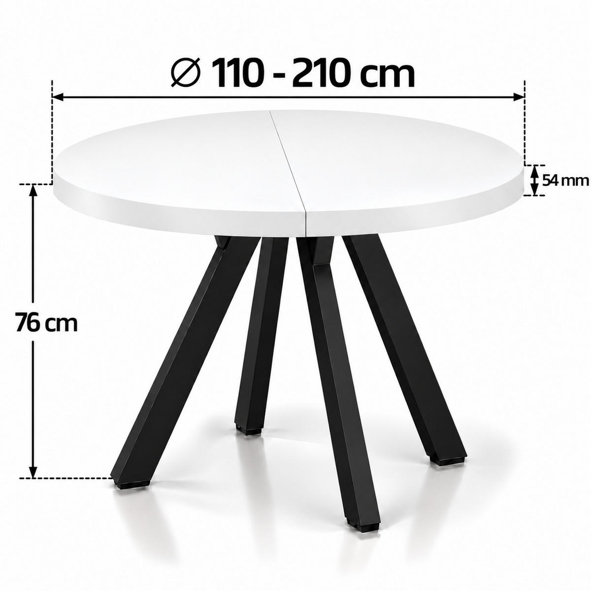 ESSTISCH rund ausziehbar 110/210/76 cm, Weiß, 54 cm Tischplatte + Y Metallgestell Schwarz - Schwarz/Weiß, Holzwerkstoff/Metall (110/210/76cm) - Damale Möbel