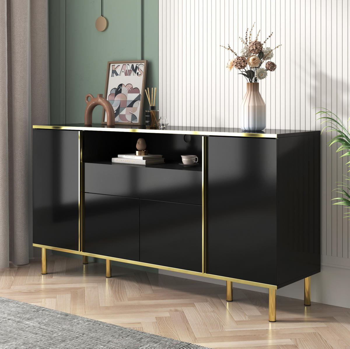 SIDEBOARD 150/40/80 cm z MDF a dřevotřísky černý vysoký lesk s LED osvětlením - černá, kompozitní dřevo (150/80/40cm) - Modenvie